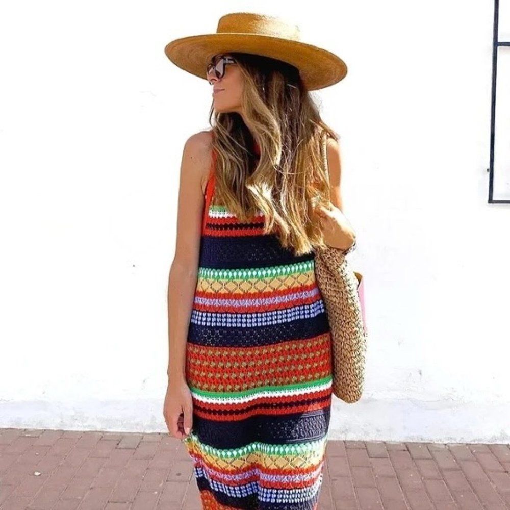Mango Long Crochet Striped Knit Dress Colored New